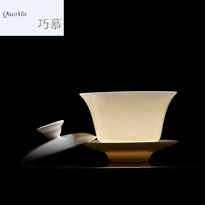 Qiao mu new dehua white porcelain tureen tea cups of household ceramics only three bowl kunfu tea tea cover cup