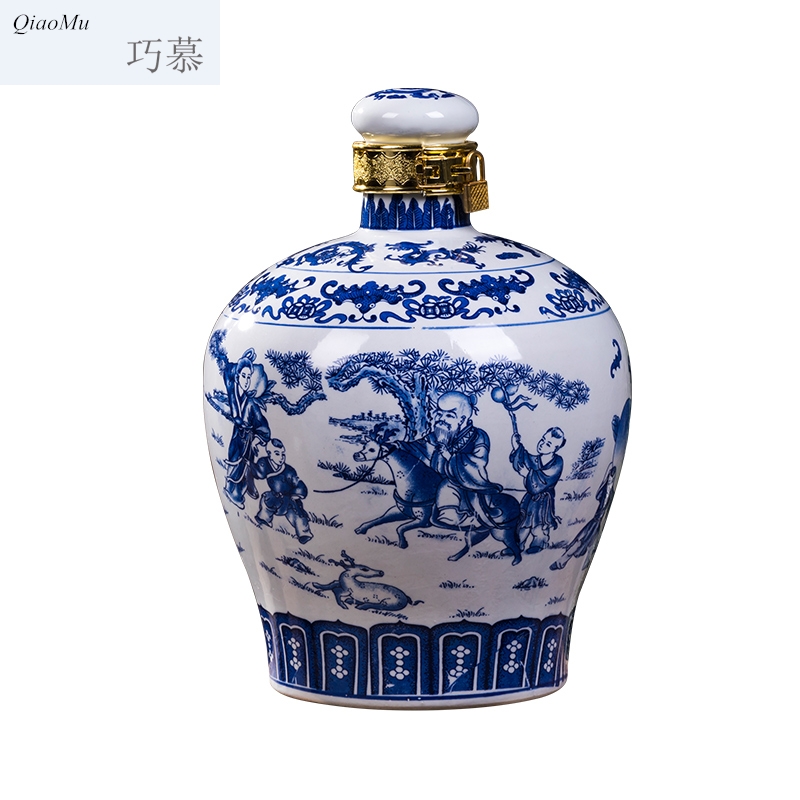 Qiao mu of jingdezhen blue and white porcelain jars ceramic terms bottle 10 jins to an empty bottle seal storage jar of wine