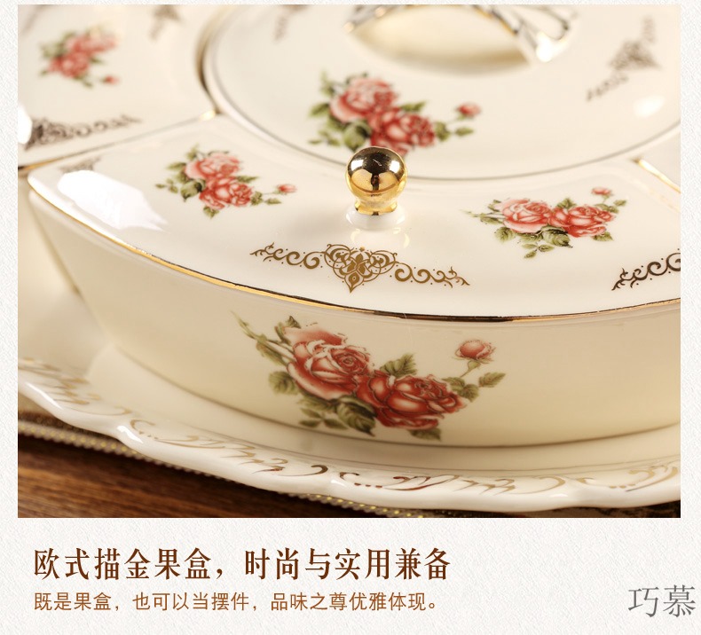 Qiao mu ou compote ceramic dry fruit tray frame with cover snack plate of the sitting room of household large - sized snack box of candy