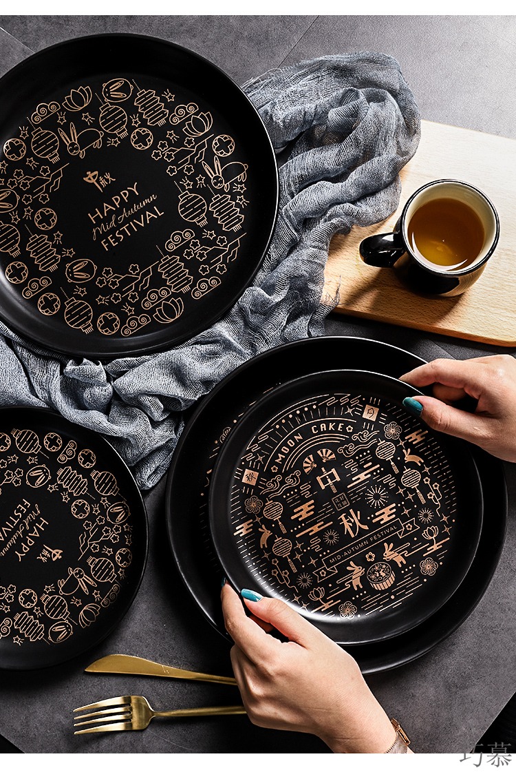 Qiao mu high - grade gold printing ceramic plate moon cakes Mid - Autumn festival snack dish dish tray was holiday gift decoration