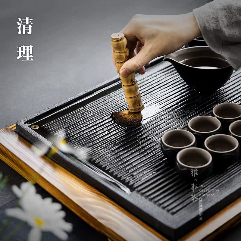 Qiao mu YWT rectangle big household drainage ground tea storage container wood base ceramic tea tea saucer