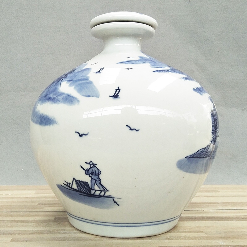 Qiao mu classical jingdezhen blue and white ceramic bottle 5 jins of hand - made of hand - made small expressions using sealed empty jars liquor container