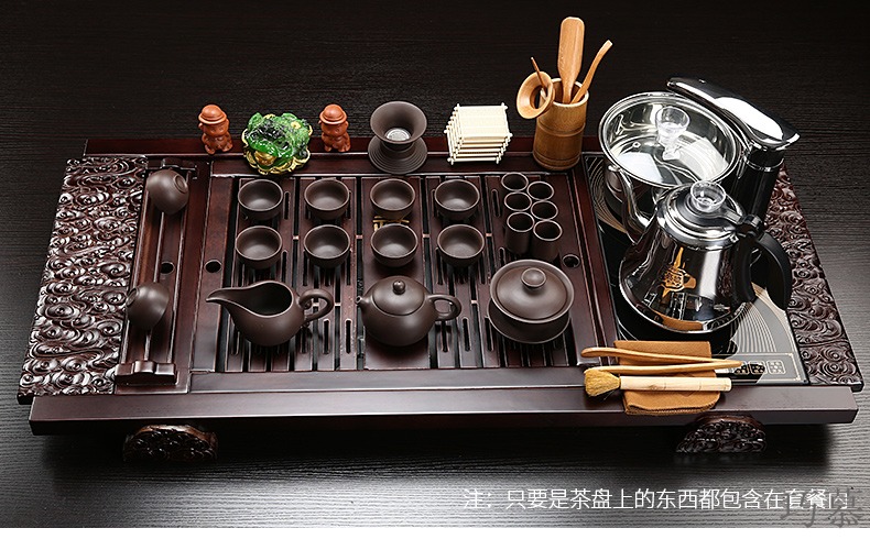 Qiao mu kung fu of a complete set of ceramic tea set domestic glass automatic induction cooker real wood sharply stone tea tray