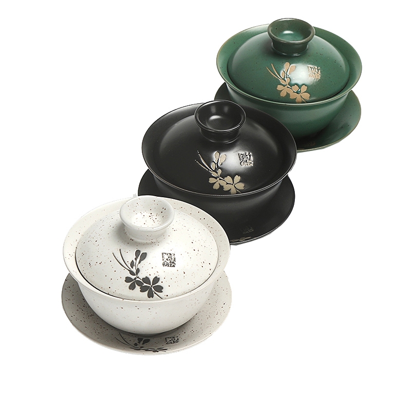 Qiao mu ceramic tureen Japanese coarse pottery of black and white and green relief only three bowl of kung fu tea set hand grasp pot bowl is large