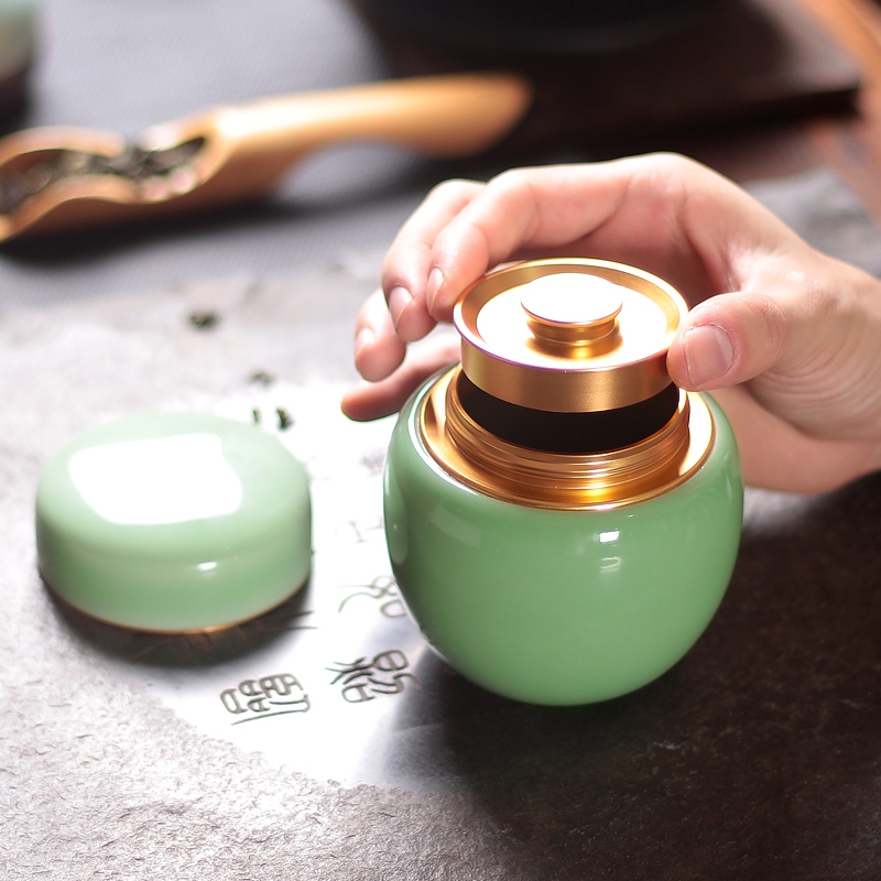 Qiao mu QYX caddy fixings longquan celadon portable small metal cover ceramic seal storage POTS of tea
