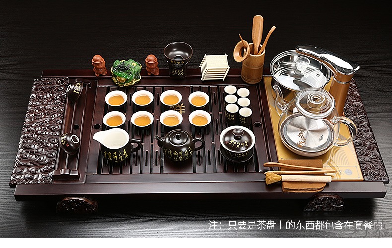 Qiao mu kung fu of a complete set of ceramic tea set domestic glass automatic induction cooker real wood sharply stone tea tray