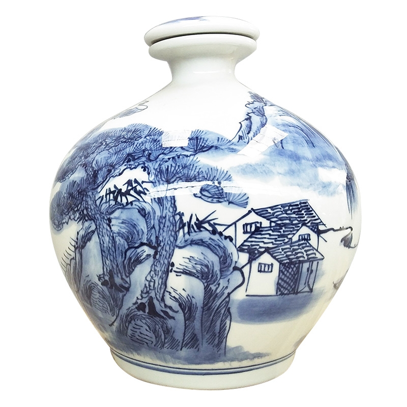 Qiao mu classical jingdezhen blue and white ceramic bottle 5 jins of hand - made of hand - made small expressions using sealed empty jars liquor container