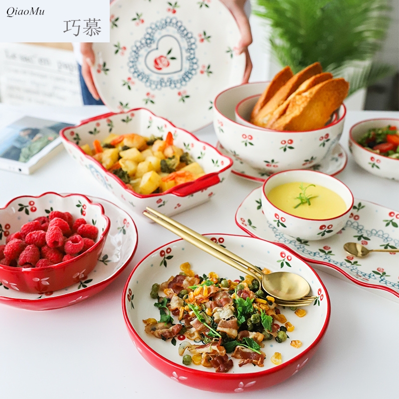 Qiao mu cherry than ceramic tableware suit long tableware chopsticks soup bowl bowl meal plate plate rainbow such use