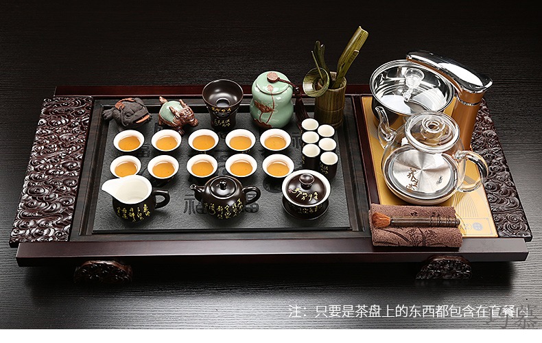 Qiao mu kung fu of a complete set of ceramic tea set domestic glass automatic induction cooker real wood sharply stone tea tray