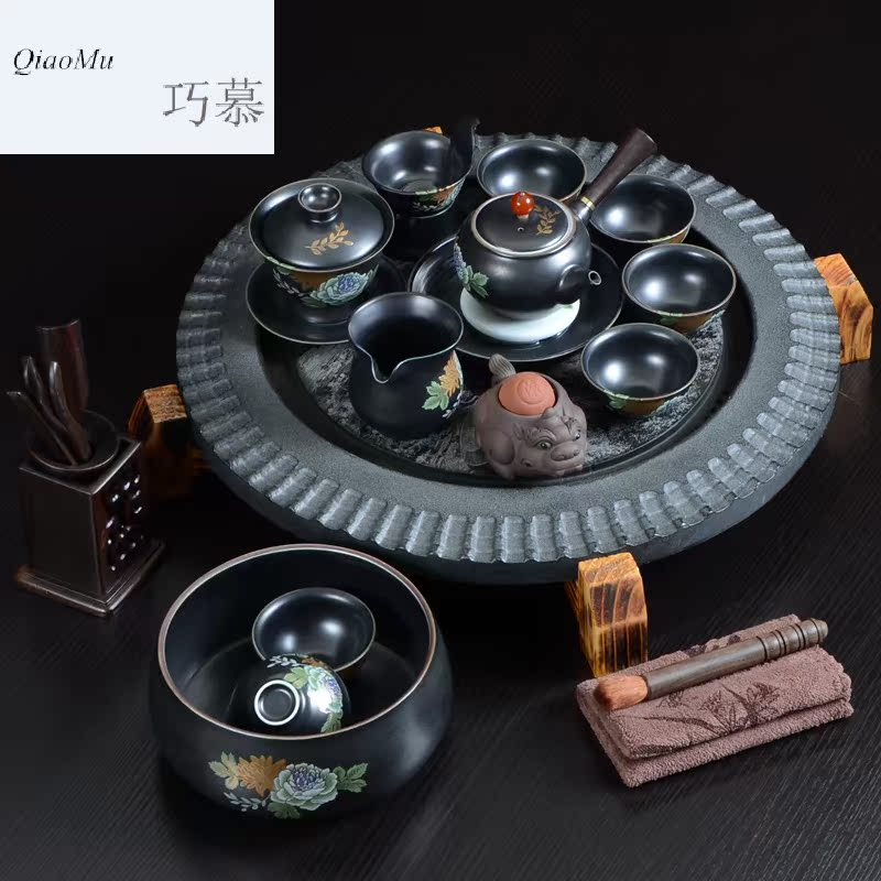 Qiao mu kung fu tea set a complete set of purple sand teapot on elder brother up sample tea cup sharply stone tea tray