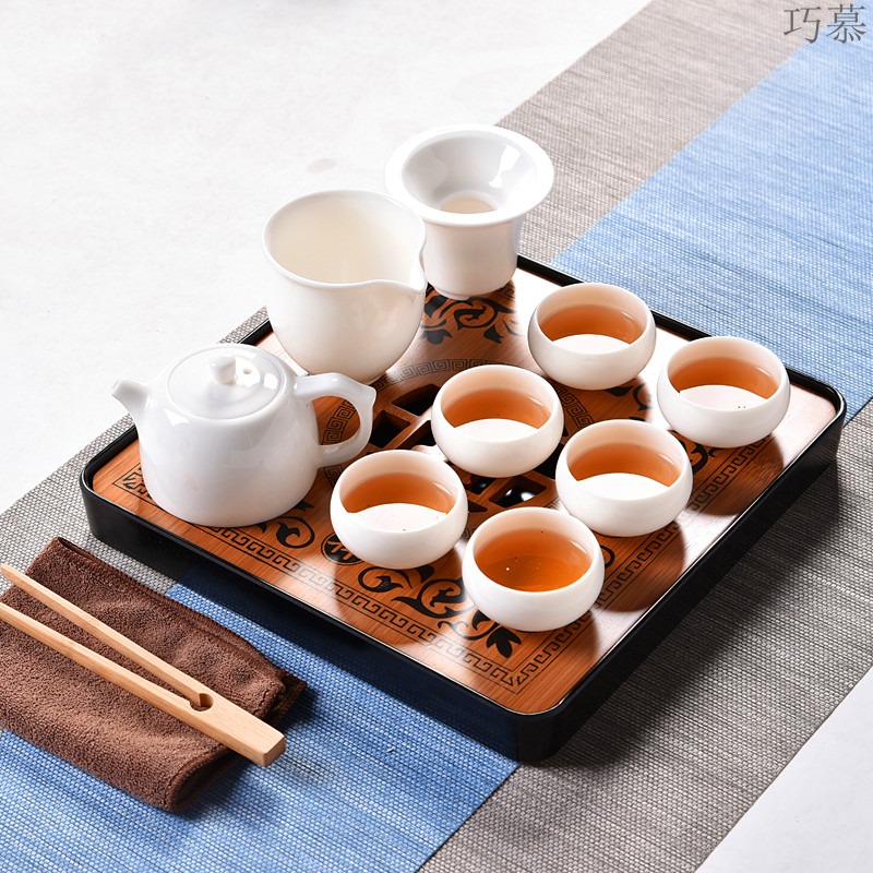 Qiao mu dehua white porcelain kung fu tea set tea home office contracted teapot teacup tureen tray