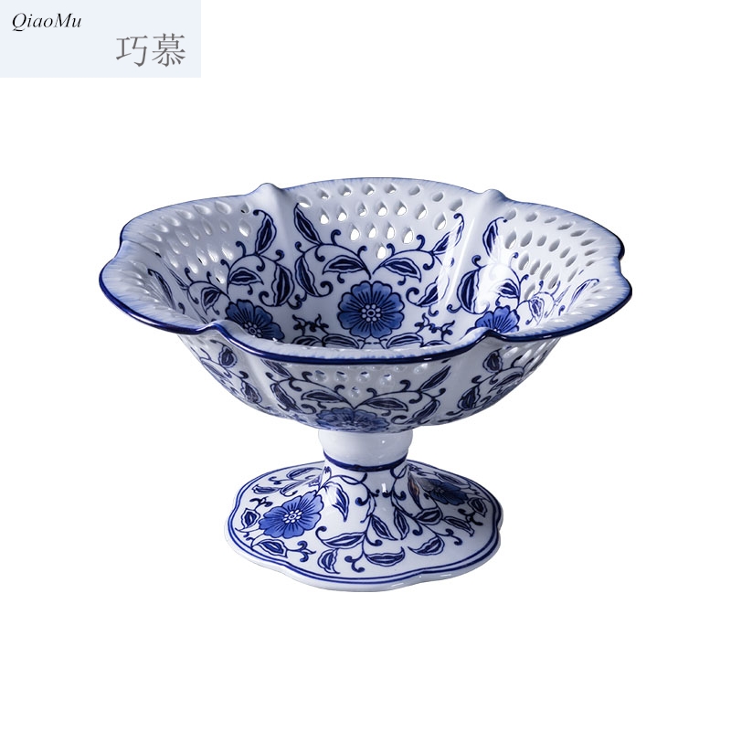 Qiao mu compote creative furnishing articles home sitting room tea table under the glaze color blue and white porcelain hollow out high fruit bowl zero sugar