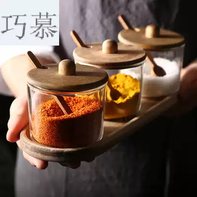 AT triple seasoning box Acacia wood lid seasoning storage jar with tray Kitchen glass salt jar Seasoning jar