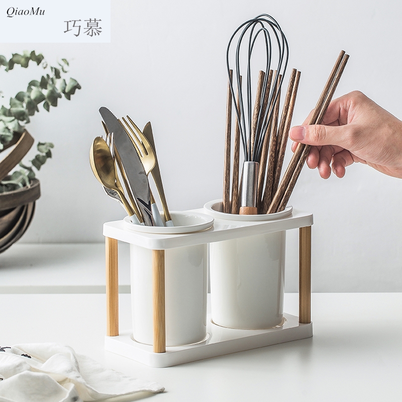 Qiao mu Japanese multi - function receive tube of household ceramics chopsticks chopsticks box binocular kitchen shelf drop chopstick