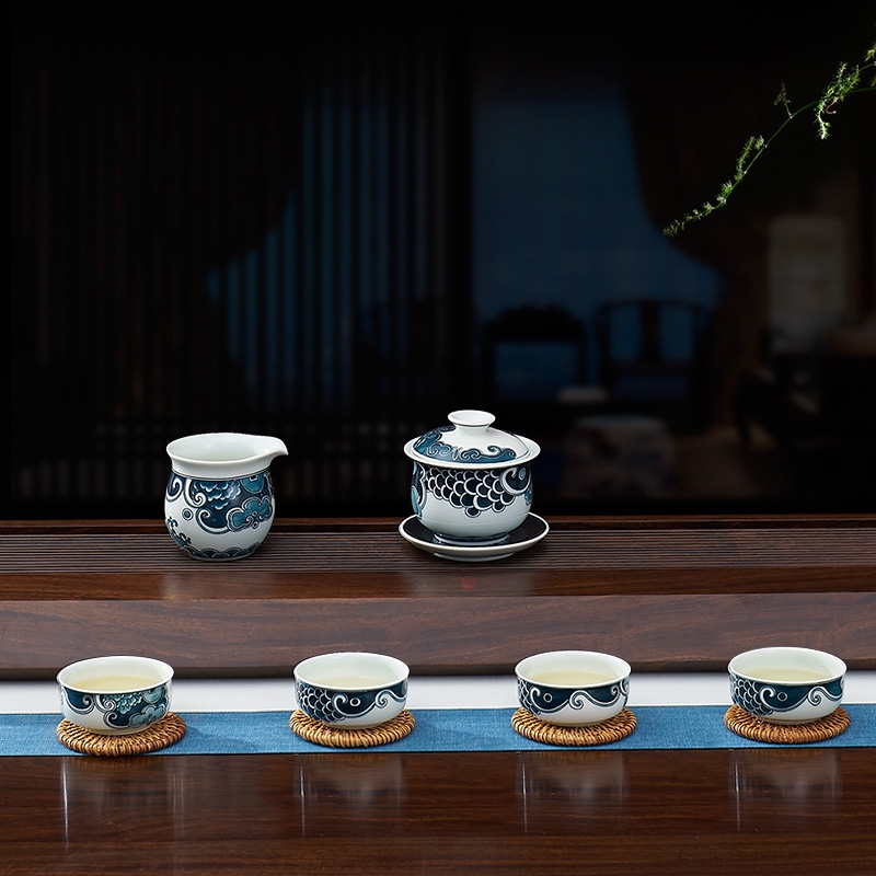 Qiao mu jingdezhen manual coloured drawing or pattern ceramic tea set creative household cup teapot kung fu suit of blue and white porcelain