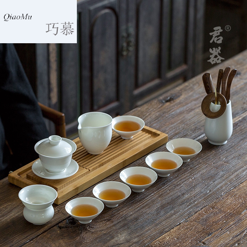 Qiao mu dehua white porcelain tea set suit small household 6 sets of kung fu tea set contracted tureen tea POTS hat to CPU