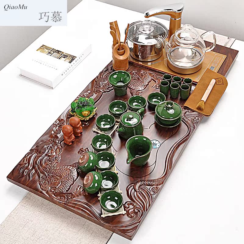 Qiao mu automatic tea set household contracted health pot of violet arenaceous glass kung fu tea set four solid wood tea tray