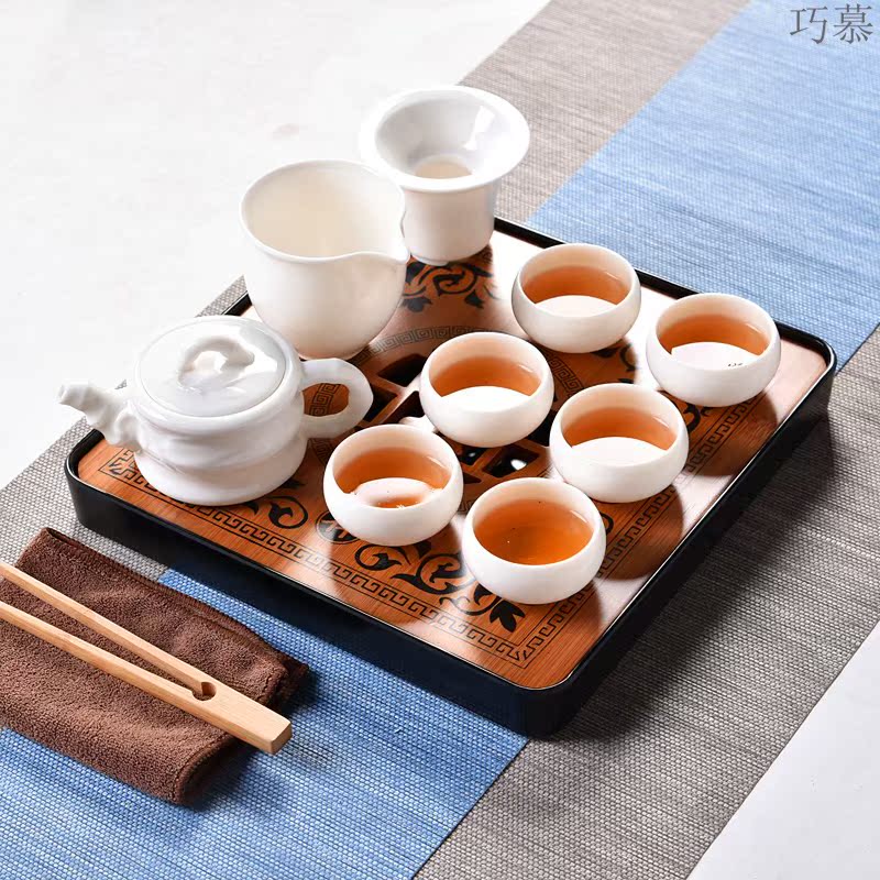 Qiao mu dehua white porcelain kung fu tea set tea home office contracted teapot teacup tureen tray