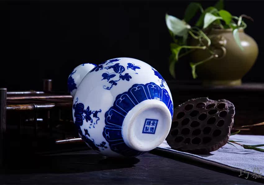 Qiao mu jingdezhen 1 catty 2 jins with liquor bottles of blue and white ball watermelon cane ceramic bottle wine wine