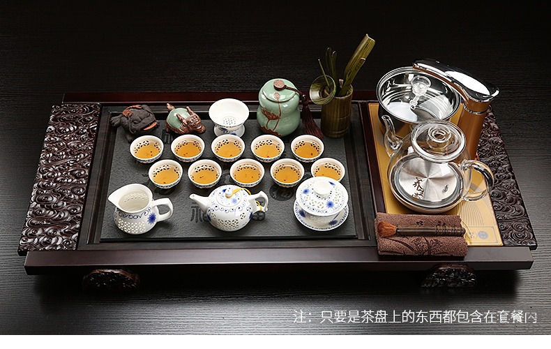 Qiao mu kung fu of a complete set of ceramic tea set domestic glass automatic induction cooker real wood sharply stone tea tray