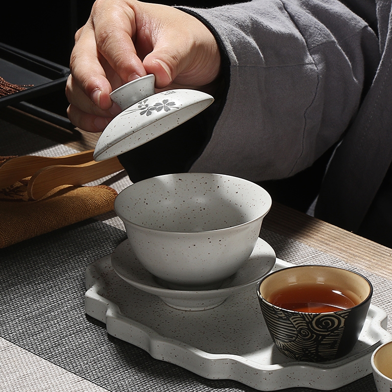 Qiao mu ceramic tureen Japanese coarse pottery of black and white and green relief only three bowl of kung fu tea set hand grasp pot bowl is large