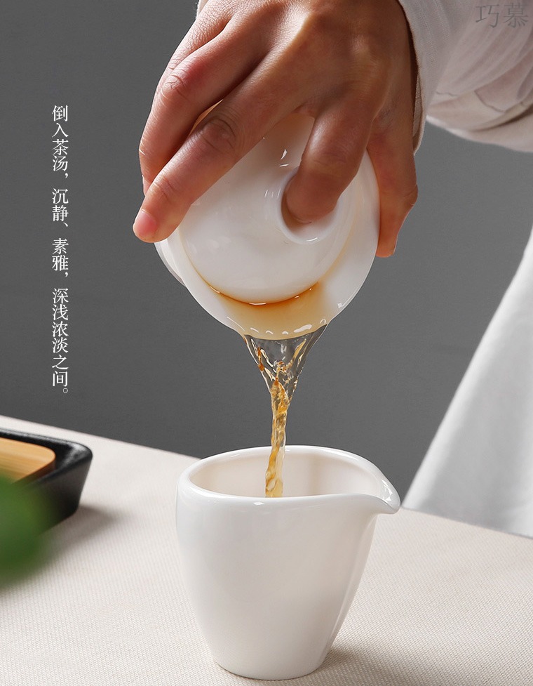 Qiao mu dehua white porcelain tureen kung fu tea cup only three bowls of household hand grasp the make tea pot of jade porcelain ceramic trumpet