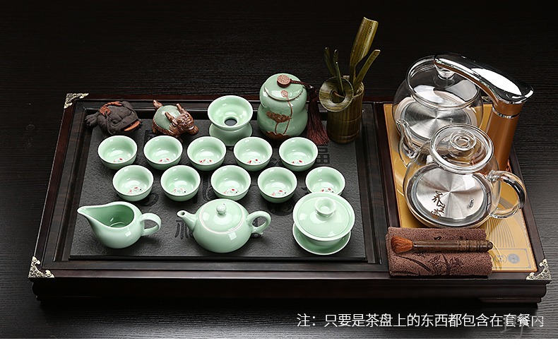 Qiao mu kung fu of a complete set of ceramic tea set domestic glass automatic induction cooker real wood sharply stone tea tray