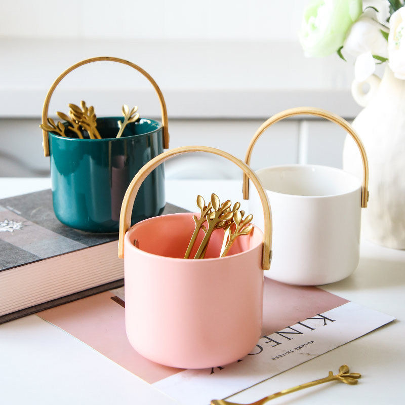 Ceramic Portable Fruit Fork Containing Jar Home Light Lavish Signature Cylinder Creative Sweet Fork Ceramic Jar Nordic Ins