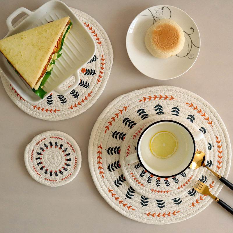 Thickened Dining Cushion Heat Insulation Cushion Home Round Printed Dining Table Mat Non-slip Anti-Burn Cotton Rope Woven Cup Mat Bowl dinner plate cushion