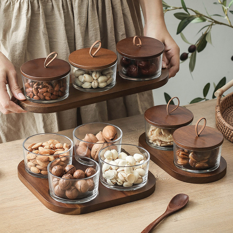 Living room fruit plate 2022 new household glass compartment fruit plate coffee table Japanese-style wooden dried fruit snacks display plate