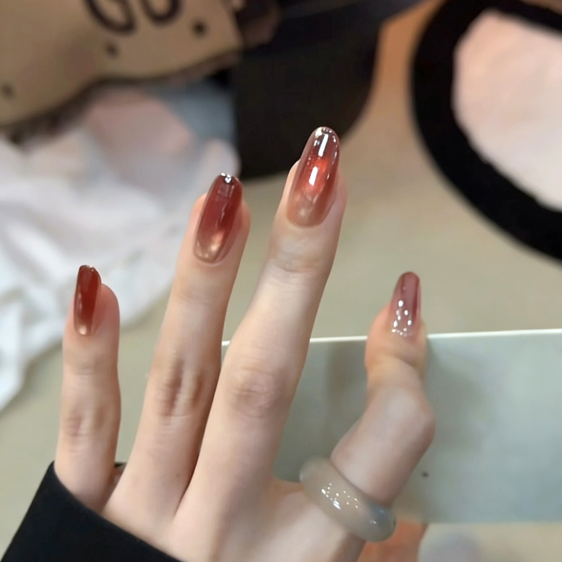 [Pomegranate Sauce] Fingertip Gradient Rich Pomegranate Color Light-Chasing Cat Eye Simple and Exquisite Handmade Wearable Nails 10 Pieces