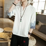 Летняя футболка с коротким рукавом, китайский стиль, с вышивкой, из хлопка и льна, V-образный вырез, большой размер