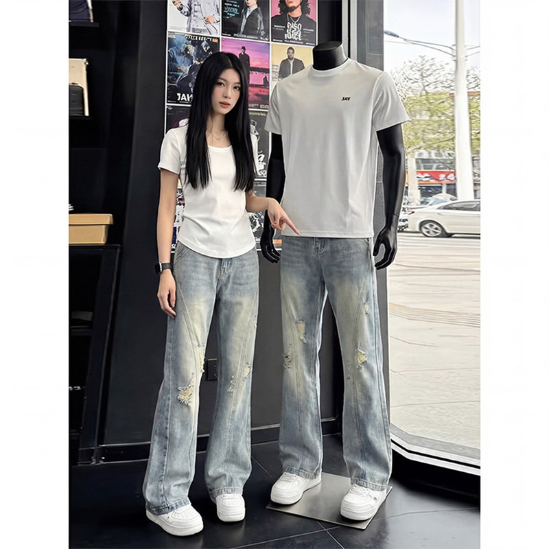 Cleanfit Diagonal Cut Ripped Jeans for Men and Women, American High Street Style, Straight-Leg, Slightly Flared, Distressed Pants