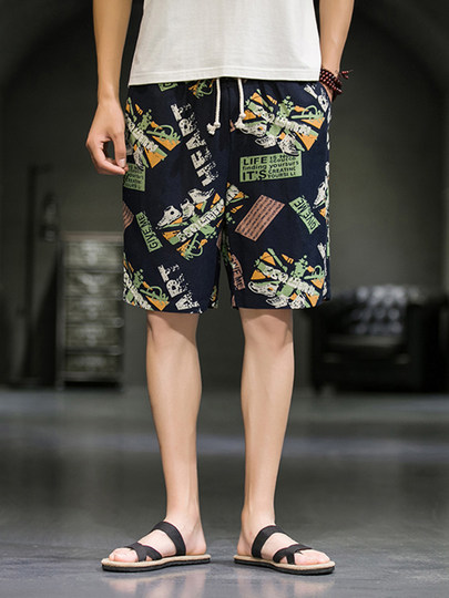 短裤男夏季潮牌五分花裤子外穿宽松速干沙滩裤男士休闲亚麻冰丝裤