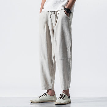 Linen Pants for Men, Spring and Autumn, Cotton-Linen Cropped Pants, Loose Straight-Leg Chinese Style Men's Pants, Spring and Autumn Drapey Casual Pants