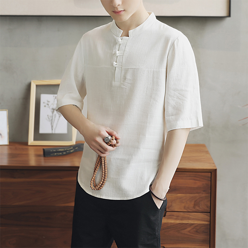 Flax short sleeve T shirt men's summer stand collar coil button Chinese style men's clothing trend loose fat cotton hemp half sleeve