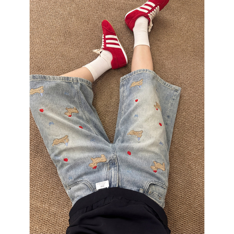 Dachshund Embroidered Denim Shorts for Men and Women, Summer American Vibe Straight Wide-Leg Cropped Pants, Cleanfit Breeches
