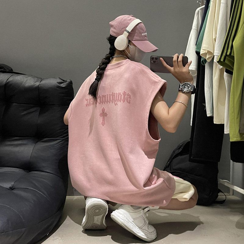 Suede Pink Sleeveless Vest for Men, Summer American Retro Heavyweight T-Shirt, Trendy Brand, Loose High Street Style, Cool and Stylish Tank Top