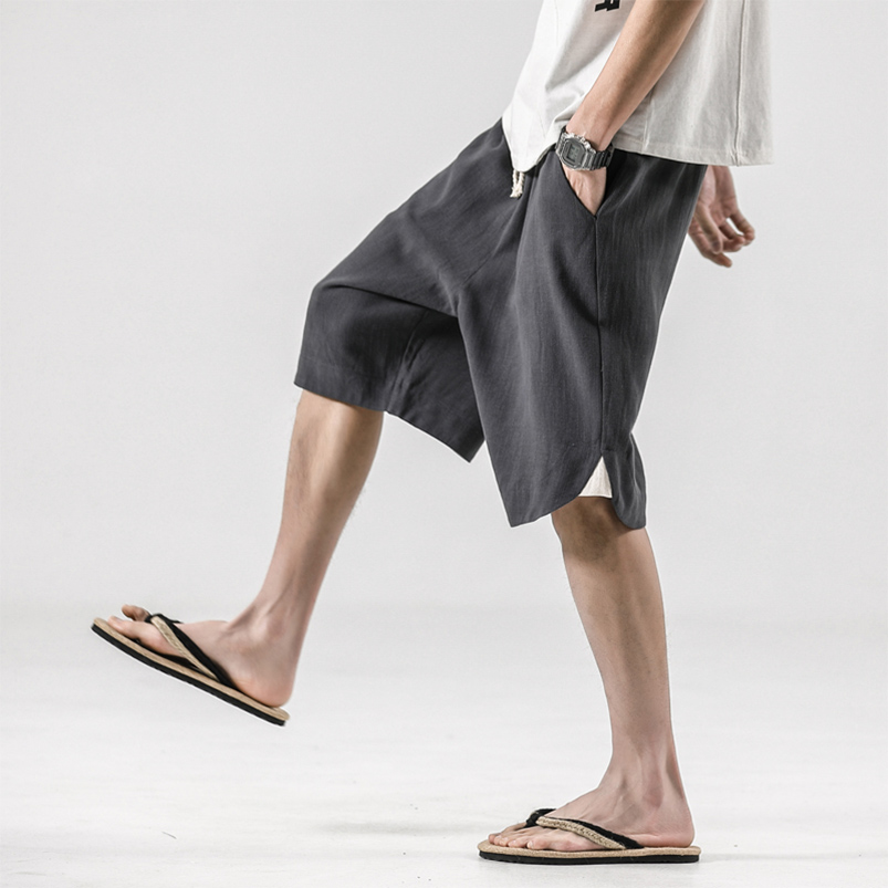 Linen shorts men's summer thin loose fat casual pants trend sports large size cotton hemp five-point beach pants