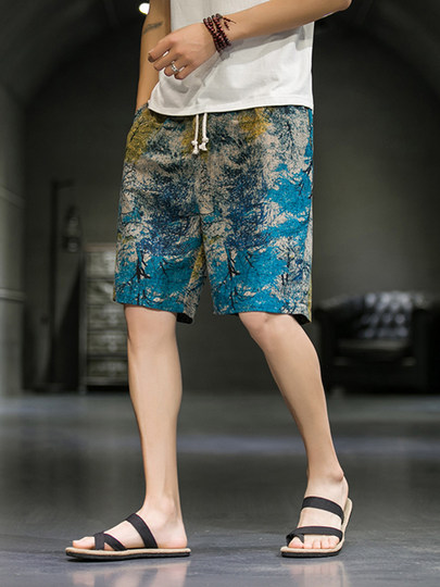 短裤男夏季潮牌五分花裤子外穿宽松速干沙滩裤男士休闲亚麻冰丝裤