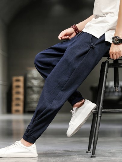 亚麻裤男夏季冰丝休闲裤新中式男装中国风棉麻裤子春夏束脚九分裤