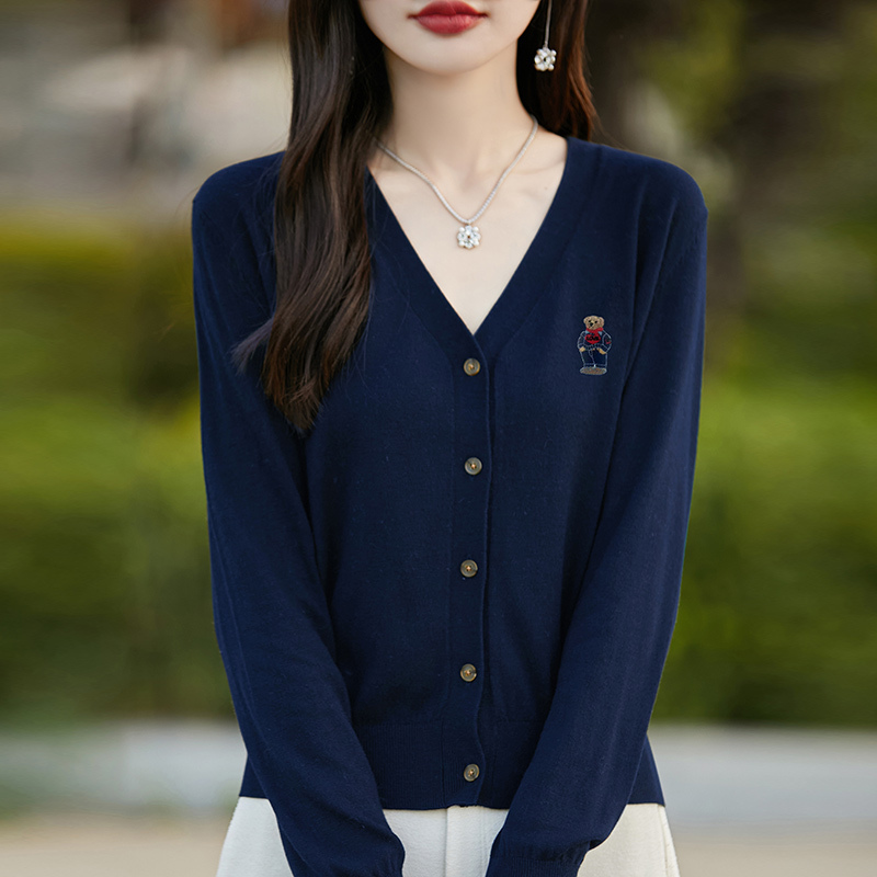 Bear Embroidered Knitted Cardigan Jacket for Women, Loose Korean Style, Plus Size, Long Sleeve, Petite, Spring and Autumn Thin Sweater Outerwear
