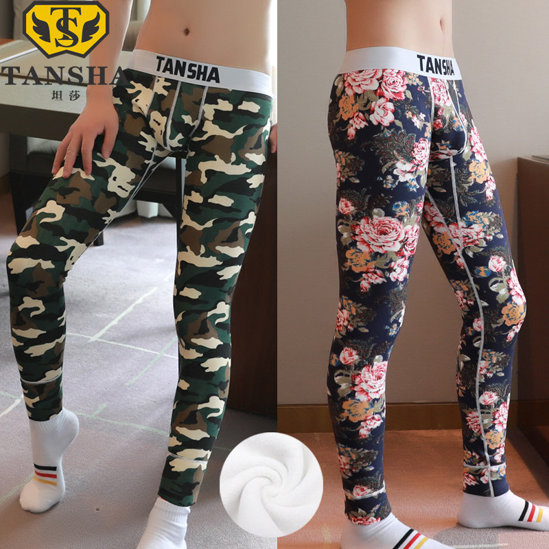 Men's warm pants plus velvet thickening winter tight youth personality pure cotton thin bottom line pants long johns men's trend