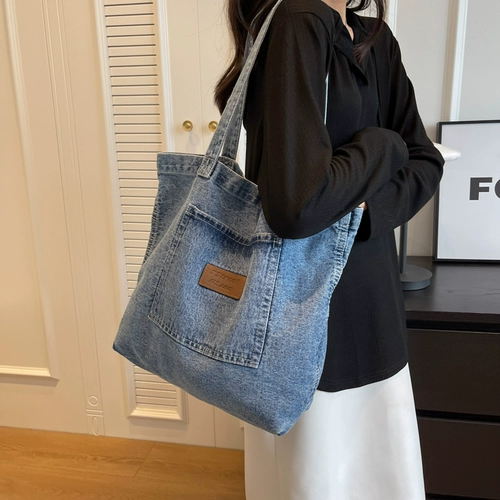 Джинсовый шоппер, вместительная и большая сумка на одно плечо, небольшая дизайнерская универсальная льняная сумка