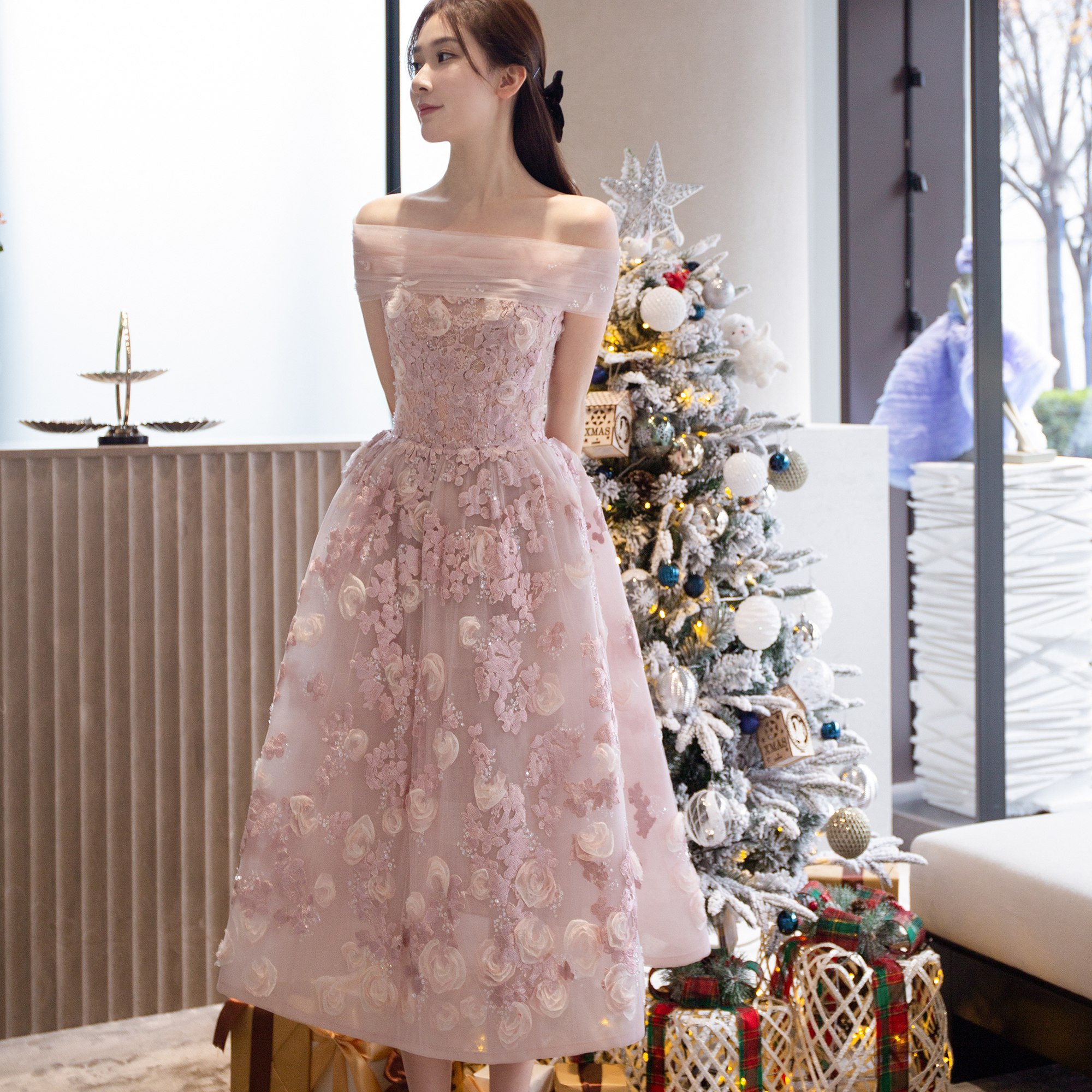 Hepburn style pink short evening dress 2023 new host annual meeting engagement banquet light luxury high-end toast clothing