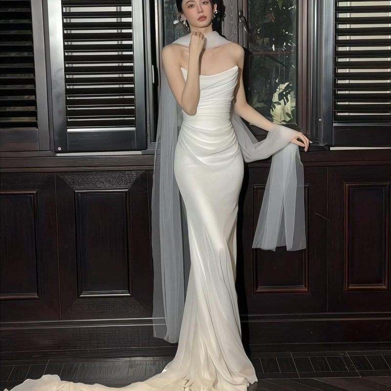 French-Style Light Wedding Dress 2026 New Model Fishtail Simple Chiffon Wedding Dress with a Small Train, High-End Feel, Reception Dress
