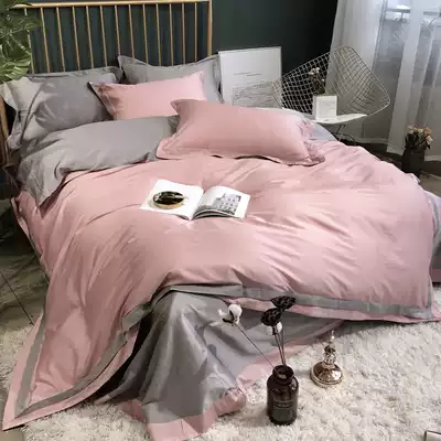 High-end 100 long-staple cotton tribute satin four-piece group spring and autumn solid color simple cotton cotton quilt cover bed sheet bedding t