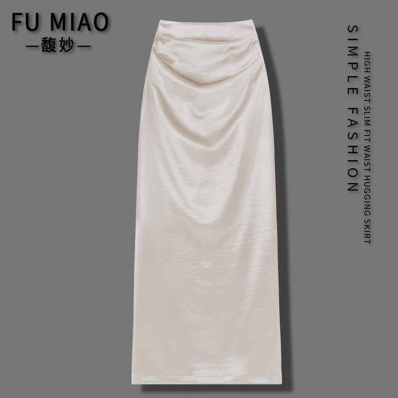 Acetate Satin Apricot Straight Long Skirt for Women 2026 Spring and Summer French Style High-Waisted Slimming Pleated Bodycon Skirt