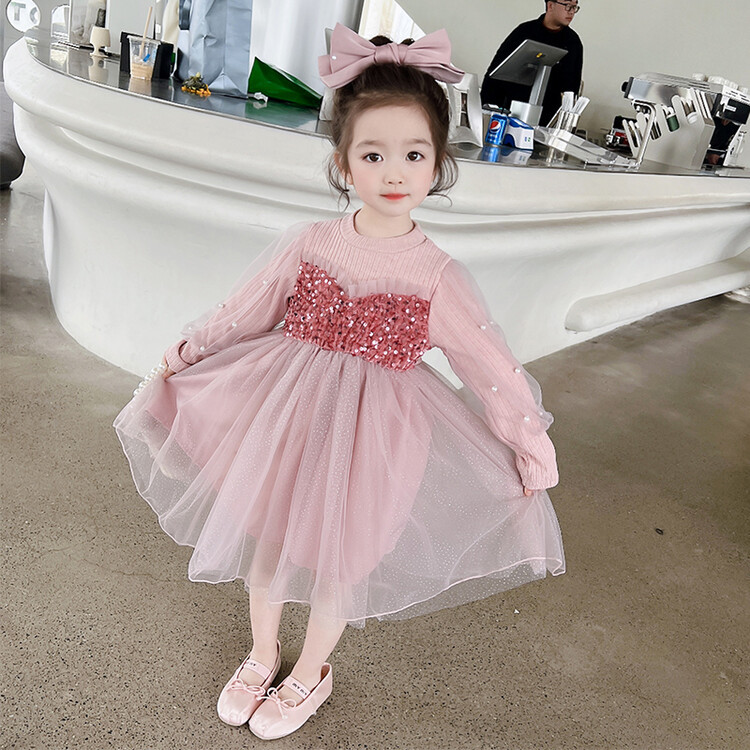 Girls' Pearl Dress Autum Frozen Elsa Princess Dress Baby Fashionable Sequined Sweater Mesh Skirt