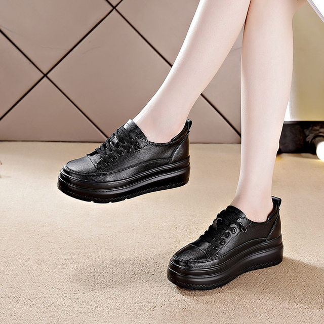 Genuine leather small black shoes ins street style trendy shoes for women 2024 spring and summer work breathable work thick-soled shoes showing feet small single shoes